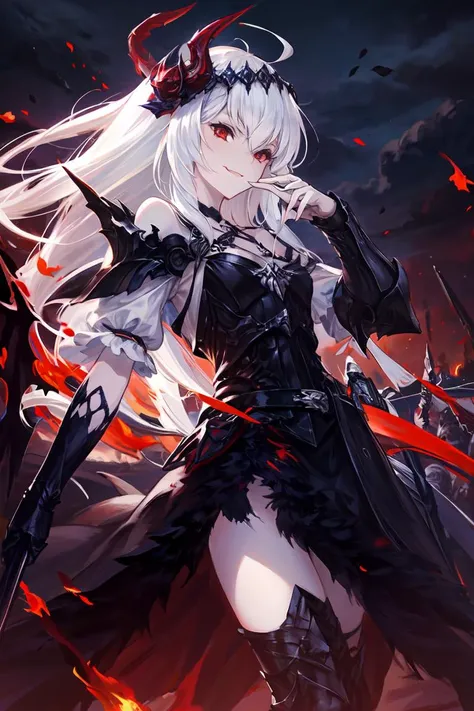 masterpiece,best quality,1girl,<lora:CygamesJeanneV4:0.75>,costume9,sunset,dark clouds,assisted exposure,flag,sword,white hair,red eyes,black theme,portrait,crowd,flock,blood,(depth of field:1.2),hair ornaments,<lora:add_detail:0.5> ,evil smile,glowing,wings,thighhighs,legs,close-up,holding sword,magic,fire,flames,burning,flaming,torn clothes,licking lips,licking own fingers,black dress