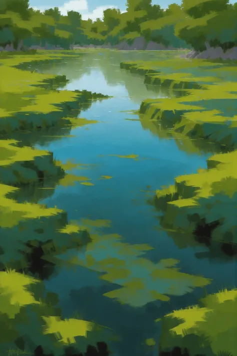 digital painting, Algae Bloom Ponds<lora:EnvyStarlightDigitalPainting02:1>