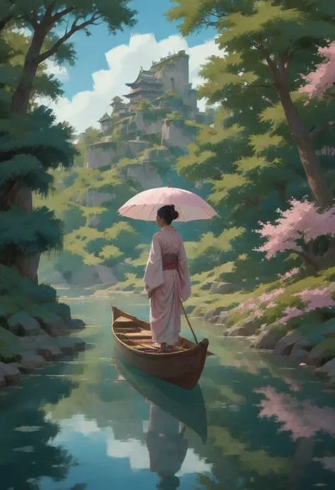 (african, dark skin:0.6), shardgate complex in a mysterious,impossible fantasy cosmic arcology outside of the multiverse, masterpiece, by Aaron Beck<lora:EnvyStarlightDigitalPainting02:1>I see in the distance a small canoe with a geisha sitting in it holding un umbrella that is pink and white. A simple man is steering to canoe in front of her. They are on a pond of translucent opalescent turquoise coloured water. The setting is beautiful, cherry blossoms, ancient oriental gardens, wooden bridges, super blue sky. The mood is serene and peaceful, with a sense of other wordliness. Monge style, watercolor. stunning color depth. Soft. Perfectionism. Captivating. Very pretty. Mesmeric. very refined.Delightful. Adorable. Gorgeous. Wonderful. Intriguing. Impressive. Devine. Spirited. Potent. Unique. Awe-striking.Transcendent. A symphony of color and motion. Exceptional. Sublime. Spectacular. Stunning color depth. Exquisite. Magical. Golden sunny light. Captivating.Charming, eye catching .  
Modifiers:
highly detailed elegant extremely detailed fantasy intricate rose tones oil on canvas very attractive beautiful high detail wallpaper award winning imperial colors fantastic view ultra detailed high definition crisp quality colourful hdr acrylic art aquarelle yelena yushina