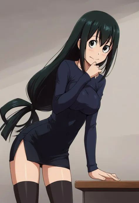 score_9, score_8_up, score_7_up, 1girl, (medium breast: 1.8, perky tits:1.9), classroom, shy expression, extreme detail, looking back at viewer, side view, looking at viewer, standing, leaning forward, legs apart, tsuyu asui, long hair, black hair, black eyes, low-tied long hair, hair rings, thighhighs, white pencil skirt, thigh gap, sexy legs