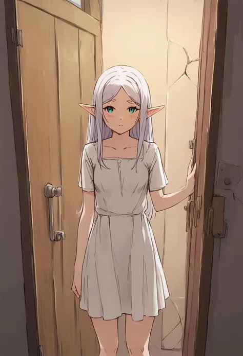 score_9, score_8_up, score_7_up, peeking trough doorway, door cracked open, 1girl, (small breast: 1.8, perky tits:1.9), standing in doorway, shy expression, extreme detail, looking at viewer, frierenpajama, elf, white dress, collarbone