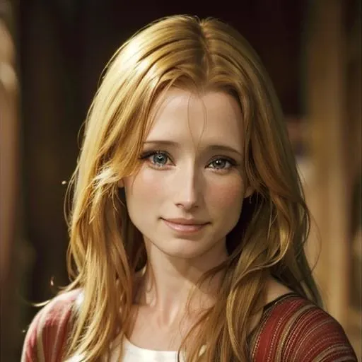 1girl, solo, ((shawneesmith)), long hair, blonde hair, brown eyes, looking at the viewer,very happy, beautiful, blurred background, comedy, focus on face, portrait <lora:Shawnee_Smith:1>