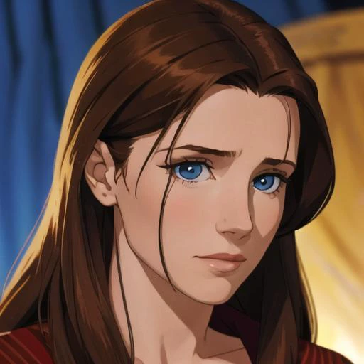1girl, solo, shawneesmith ,looking at viewer, brunette, long hair, facial focus,portrait,blurred background, beautiful, Close-up, Headshot <lora:Shawnee_Smith:1>
