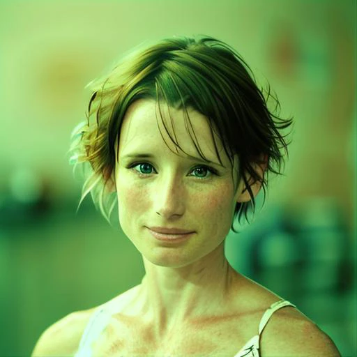 1girl, solo, ((shawneesmith)), ((very short messy tomboy hair)), nasty smirk, unhappy, looking at the viewer, beautiful, blurred background, focus on face, portrait <lora:Shawnee_Smith:1>