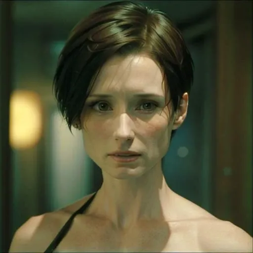 1girl, solo, ((shawneesmith)), ((very very short hair)), brown eyes, looking at the viewer, very mad crazy angry, beautiful, blurred background, thriller, focus on face, portrait <lora:Shawnee_Smith:1>