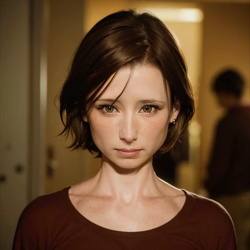 1girl, solo, ((shawneesmith)), medium hair, brown hair, smirk, horror , brown eyes, looking at the viewer, sad, beautiful, blurred background, focus on face, portrait <lora:Shawnee_Smith:1>