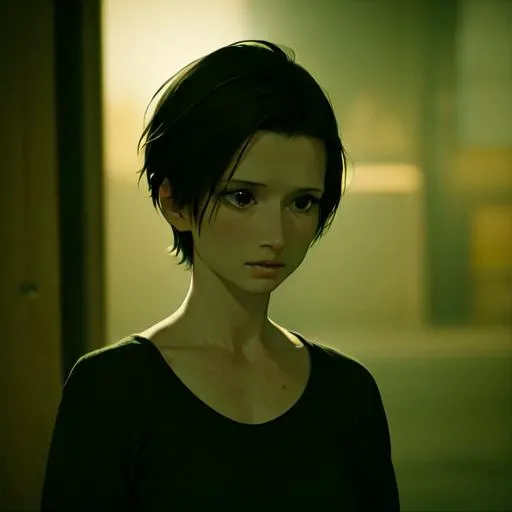 1girl, solo, ((shawneesmith)), short hair, black hair, scared, looking at the viewer, beautiful, blurred background, focus on face <lora:Shawnee_Smith:1>
