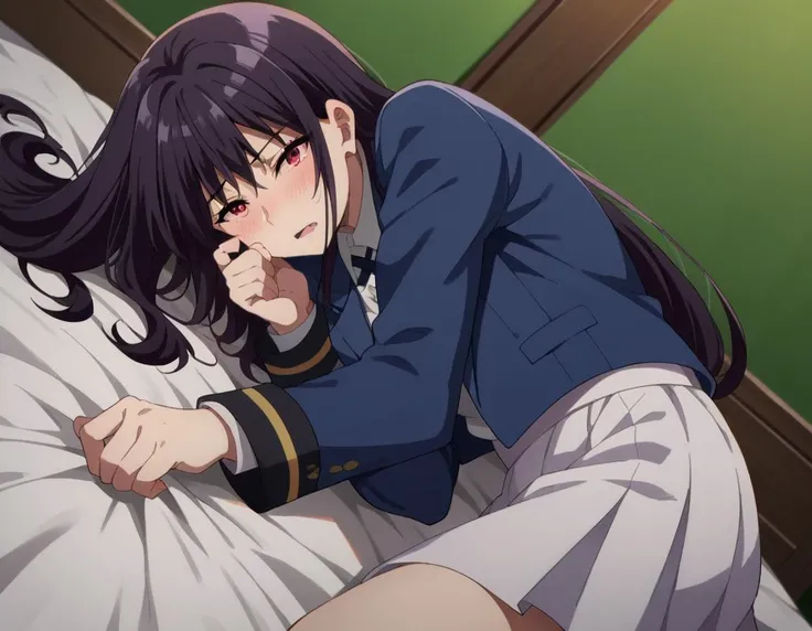 score_9, score_8_up, score_7_up, source_anime,
clairekagenou, <lora:claire-kagenou-ponyxl-lora-nochekaiser:1>,
claire kagenou, long hair, black hair, red eyes,
shirt, jacket, blazer, skirt, white skirt,
indoors, bed, bed room, on back, arm support, arms up, incoming hug, pov, reaching, reaching towards viewer,
looking at viewer, dutch angle,