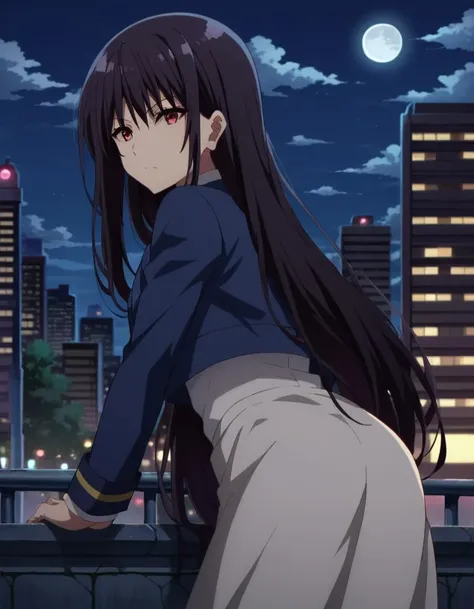 score_9, score_8_up, score_7_up, source_anime,
clairekagenou, <lora:claire-kagenou-ponyxl-lora-nochekaiser:1>,
claire kagenou, long hair, black hair, red eyes,
shirt, jacket, blazer, skirt, white skirt,
outdoors, cityscape, night, moon, bent over,
looking at viewer, dutch angle,