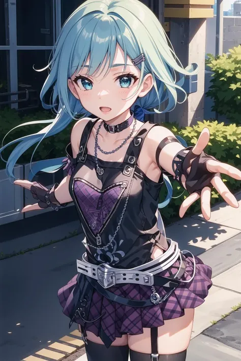 masterpiece, best quality, detailed face,ultra hi res,(illustration:1.3),(game cg:1.2)
ponytail hair,
hair ornament,
bangs,
deep blue hair,
aqua color eyes,
knee up,
outstretched arms,
(slender),
outdoor,
BREAK
dynamic pose,cowboy shot,
1girl,
ninomiya_asuka_cos ,gloves,bare shoulders, collarbone, pleated skirt, choker,striped, belt, miniskirt, fingerless gloves,bracelet, black shirt,chain, garter straps,plaid skirt,striped thighhighs,purple skirt,zettai ryouiki,
<lora:ninomiya_asuka_cos2_N_V4_0-000010:0.9>,