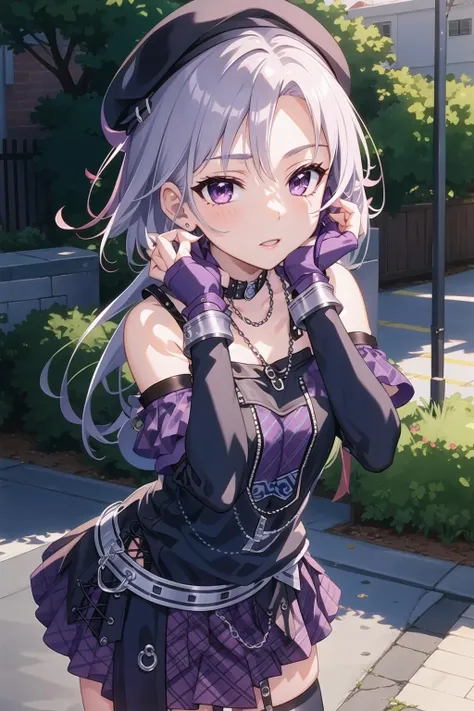 masterpiece, best quality, detailed face,ultra hi res,(illustration:1.3),(game cg:1.2)
shoulder length hair,
beret,
forehead,
deep blue hair,
magenta eyes,
bent over,
hand on own head,
(slender),
outdoor,
BREAK
dynamic pose,cowboy shot,
1girl,
ninomiya_asuka_cos ,gloves,bare shoulders, collarbone, pleated skirt, choker,striped, belt, miniskirt, fingerless gloves,bracelet, black shirt,chain, garter straps,plaid skirt,striped thighhighs,purple skirt,zettai ryouiki,
<lora:ninomiya_asuka_cos2_N_V4_0-000010:0.9>,
