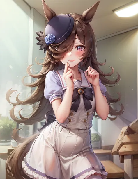 ((masterpiece, best quality)),((((1girl)))),<lora:Rice Shower:0.7>,Rice Shower, Rice Shower(Tracen uniform) ,thighhighs, hat,horse ears,standing,,smile,((portrait)) ,tracen_school_uniform,serafuku,skirt,white_skirt,puffy_short_sleeves, blue_shirt, ((classroom)),window,sky,sunlight