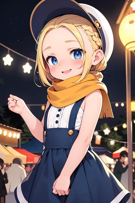 (masterpiece, best quality), female midlife, agile, latin american, blue eyes, protruding ears, strong jaw, dimpled cheeks, prominent forehead, , golden blonde mohawk hair, cry wearing pinafore dress, strapless bra, sun visor,, playing with scarf, playing with a scarf with a flirtatious smile, adding a touch of mystery and allure, starry sky, a dark background with twinkling stars, setting a magical and romantic tone, a vibrant street market, with vendors showcasing their unique crafts and products