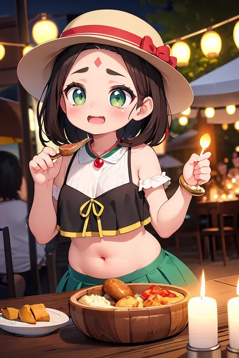 (masterpiece, best quality), female fifty-something, curvy, native american, emerald eyes, straight forehead, square face shape with round forehead, well-defined veins, , dark brown curtain bangs hair, cry wearing skater skirt, teddy, boat shoes, sinamay hat,, over-the-shoulder look, looking over one shoulder with a sultry gaze, exuding allure and mystery, candlelit dinner, the glow of candles during a romantic dinner, creating an intimate and passionate atmosphere, a lively street fair, with food stalls, live music, and laughter