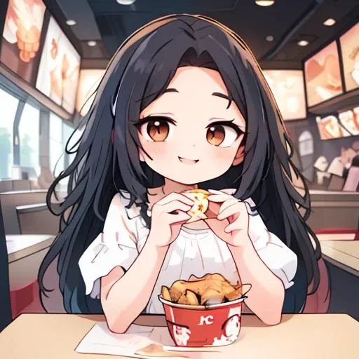 ((junkotvv black hair with bangs and cat ears, Red eyes)), )High school girl eating kfc burger wearing kfc print t-shirt, holding a KFC burger in one hand and KFC fries in the other