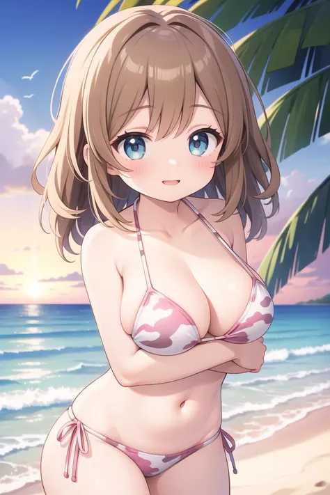 masterpiece, best quality, ultra detailed, anime style, 1girl, medium wavy hair, light brown hair, aquamarine eyes, light pink bikini, camo printed bikini, (large breasts:1.04), tropical beach, warm, beautiful face, happy, dusk, cowboy shot