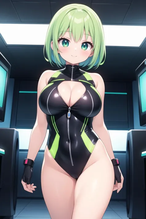 masterpiece, best quality, ultra detailed, anime style, 1girl, young, cute, short hair, green hair, hazel eyes, (large breasts:1.14), tight suit, legs free, arms free, colored suit, printed suit, futuristic room, neon light, warm, beautiful face, happy, cowboy shot, random pov