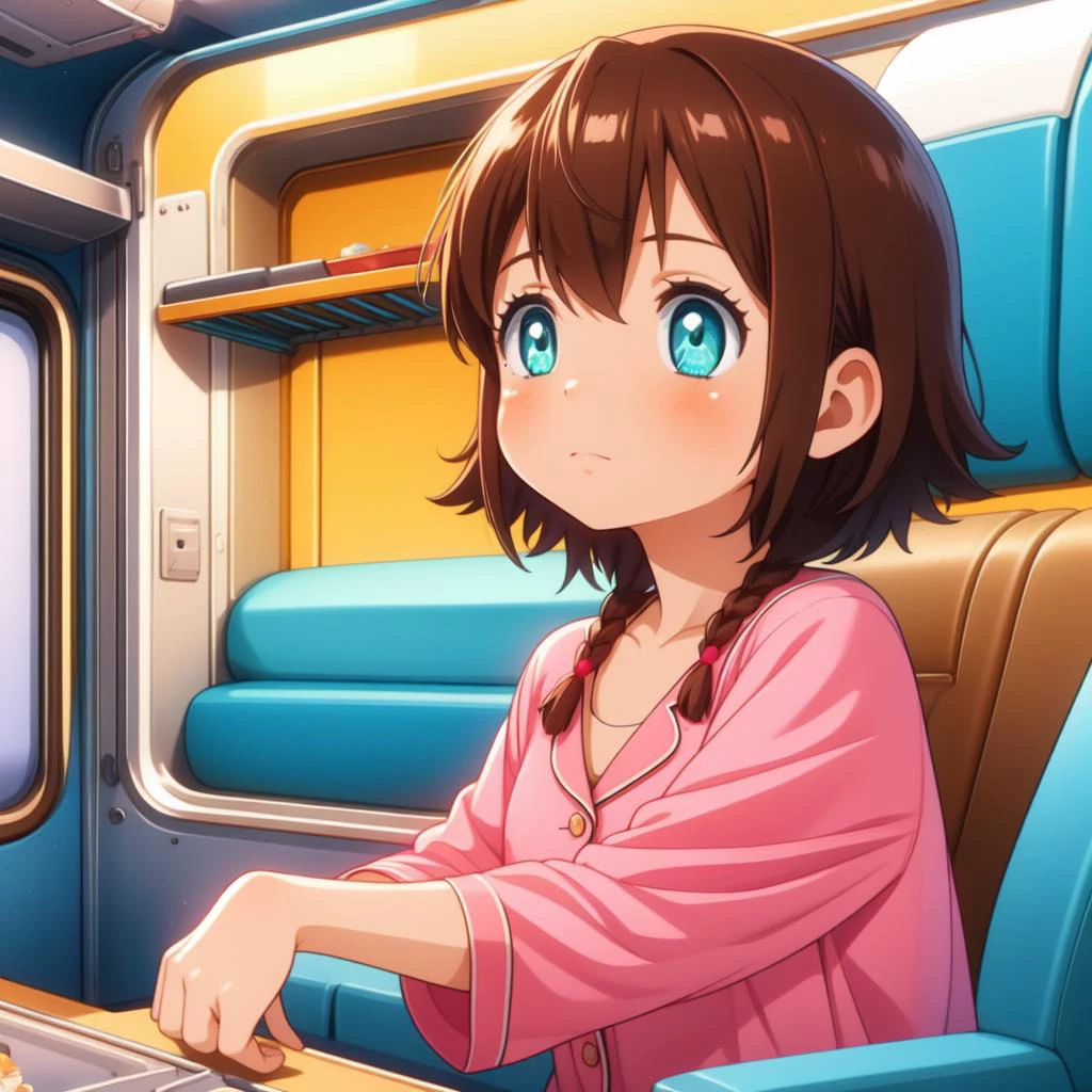 (masterpiece, best quality, detailed:1.5), (1girl, solo:1.4), (amy sng:1.3) <lora:chara_SuiseiNoGargantia_Amy_v1:1>, (dark skin:1.1), brown hair, short hair, aqua eyes, twin braids , <lora:girlliketrainroomette:0.8> train roomette, bunk bed, pajamas, looking out the big window, breakfast on table, wooden wall, BREAK pink theme background, unusual event in background