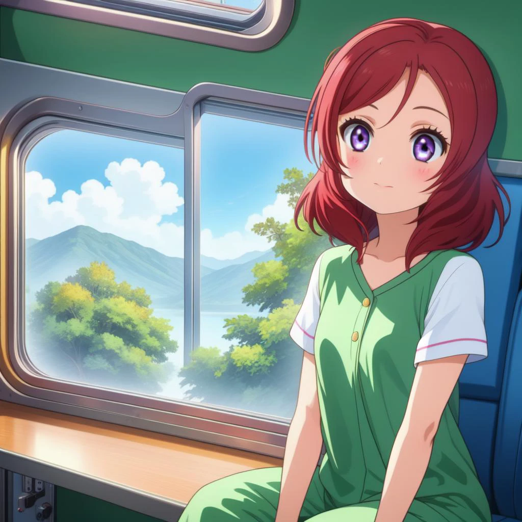 (masterpiece, best quality, detailed:1.5), (1girl, solo:1.4), (maki nishikino:1.3) <lora:maki-lovelive:1>, <lora:girlliketrainroomette:0.8> train roomette, bunk bed, pajamas, looking out the big window, breakfast on table, wooden wall, BREAK green theme background, unusual event in background