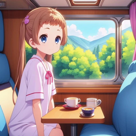 (masterpiece, best quality, detailed:1.5), (1girl, solo:1.4), (sanae dekomori:1.3) <lora:dekomori:1>,  <lora:girlliketrainroomette:0.8> train roomette, bunk bed, pajamas, looking out the big window, breakfast on table, wooden wall, BREAK violet theme background, unusual event in background