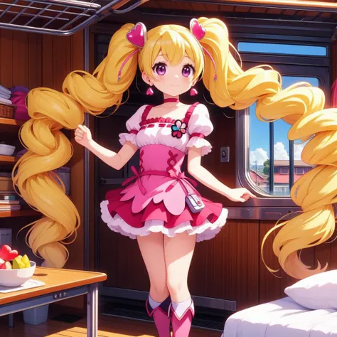 (masterpiece, best quality, detailed:1.5), (cure peach:1.3) <lora:locon_cure_peach:1.0>, twintails, puffy short sleeves, ribbon choker, pink boots, earrings,  <lora:girlliketrainroomette:0.8> train roomette, bunk bed, pajamas, looking out the big window, breakfast on table, wooden wall, BREAK purple theme background, unusual event in background