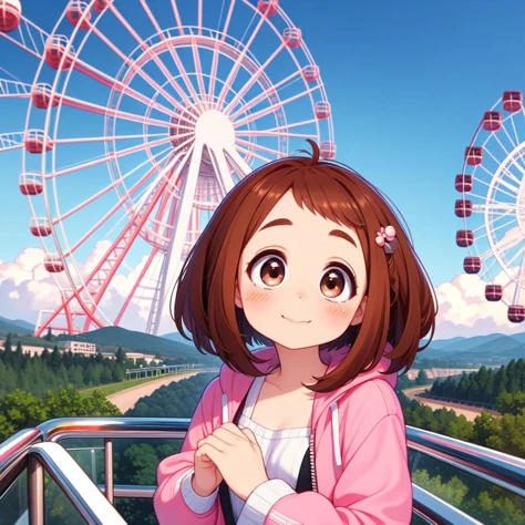 (masterpiece, best quality, detailed:1.5), (ochako uraraka:1.3) <lora:ochakouraraka-lora-nochekaiser:1.0>, (uraraka ochako:1.5), (brown eyes:1.5), brown hair, short hair, blush, blush stickers, , <lora:girllikeferriswheel:0.8> ferris wheel, overlooking the scenery, glass housing in low sky, jumpsuit, light jacket, lace sleeves, amusement park, fireworks, BREAK pink theme background, unusual event in background