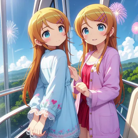 (masterpiece, best quality, detailed:1.5), (kirino kousaka:1.3) <lora:kirino:1>,  <lora:girllikeferriswheel:0.8> ferris wheel, overlooking the scenery, glass housing in low sky, jumpsuit, light jacket, lace sleeves, amusement park, fireworks, BREAK lavender theme background, unusual event in background