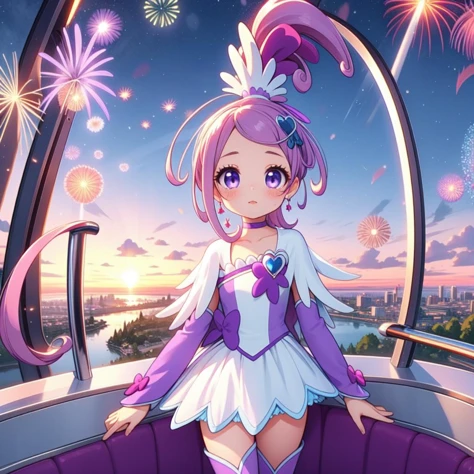 (masterpiece, best quality, detailed:1.5), (cure sword:1.3) <lora:locon_cure_sword_1:1.0>, purple dress, spade hair ornament, purple thigh boots, high ponytail, detached sleeves, arm warmers, hairpin, capelet, choker, heart brooch:0.6, <lora:girllikeferriswheel:0.8> ferris wheel, overlooking the scenery, glass housing in low sky, jumpsuit, light jacket, lace sleeves, amusement park, fireworks, BREAK lavender theme background, unusual event in background