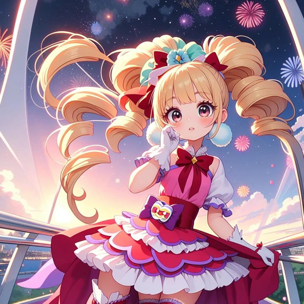 (masterpiece, best quality, detailed:1.5), (cure macherie:1.3) <lora:locon_cure_macherie_01:1.0>, twintails, pom pom earrings, pink ribbon, white gloves, frilled thighhighs, red boots, puffy sleeves, layered dress, porch, wrist bow, jewelry, <lora:girllikeferriswheel:0.8> ferris wheel, overlooking the scenery, glass housing in low sky, jumpsuit, light jacket, lace sleeves, amusement park, fireworks, BREAK lavender theme background, unusual event in background