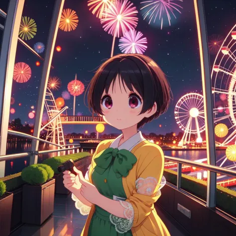 (masterpiece, best quality, detailed:1.5), (kumin tsuyuri:1.3) <lora:kumin:1>,  <lora:girllikeferriswheel:0.8> ferris wheel, overlooking the scenery, glass housing in low sky, jumpsuit, light jacket, lace sleeves, amusement park, fireworks, BREAK orange theme background, unusual event in background