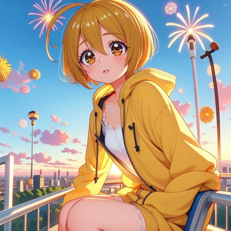 (masterpiece, best quality, detailed:1.5), (kagayakihomare:1.3) <lora:KagayakiHomare:1>, <lora:girllikeferriswheel:0.8> ferris wheel, overlooking the scenery, glass housing in low sky, jumpsuit, light jacket, lace sleeves, amusement park, fireworks, BREAK orange theme background, unusual event in background