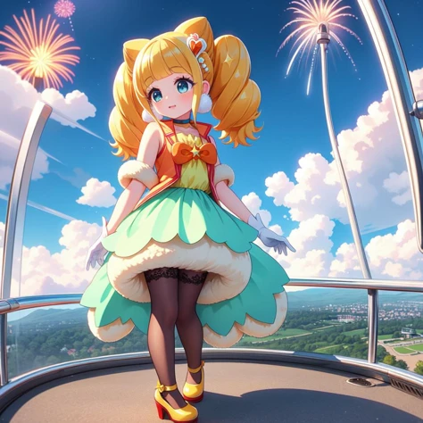 (masterpiece, best quality, detailed:1.5), (cure sparkle:1.3) <lora:locon_cure_sparkle_01:1.0>, twintails, double bun, hair ornament, vest, ribbon, bubble skirt, high-waist skirt, white gloves, thighhighs, choker, petticoat, high heels, <lora:girllikeferriswheel:0.8> ferris wheel, overlooking the scenery, glass housing in low sky, jumpsuit, light jacket, lace sleeves, amusement park, fireworks, BREAK blue theme background, unusual event in background