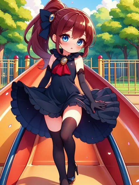 (masterpiece, best quality, detailed:1.5), 1girl, <lora:girllikeparkslide:1>park slide, petal, wind, playground BREAK <lora:Unlovely_-_Happiness_Charge_Precure_v2:0.8> uunlovely, (red high ponytail, blue eyes), clothing collar, long black dress, black side hairbow, black elbow gloves, red brooch ribbon, miniskirt, black thighhighs, high heels,