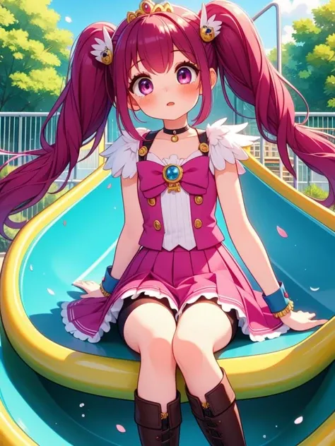 (masterpiece, best quality, detailed:1.5), 1girl, sitting, <lora:girllikeparkslide:1>park slide, petal, wind, playground BREAK <lora:locon_cure_happy_1:0.8> cure happy, low twintails, feather hair ornament, skirt, tiara, wrist cuffs, pink shorts, shorts under skirt, boots