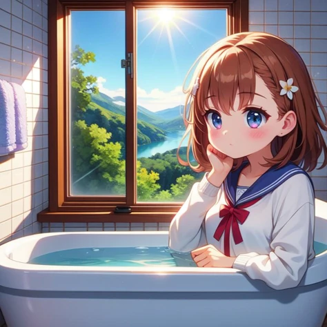 (masterpiece, best quality, detailed:1.5), indigo theme, 1girl,  <lora:girllikebathroomwindow:0.8> bathroom window, from side, bathtub filled with water, towel wrap body, curtain, white tile wall BREAK misaka mikoto <lora:misaka-toaru-01:0.8>