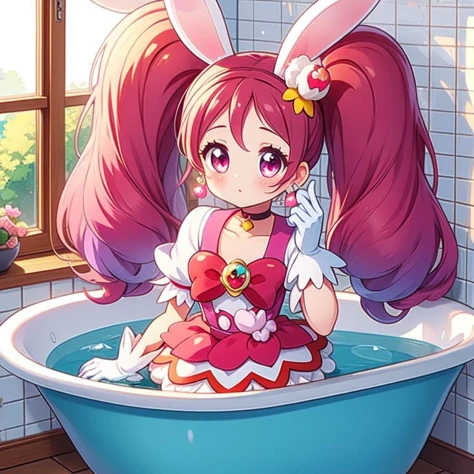 (masterpiece, best quality, detailed:1.5), blue theme, 1girl, <lora:girllikebathroomwindow:0.8> bathroom window, from side, bathtub filled with water, towel wrap body, curtain, white tile wall BREAK (cure whip:1.3) <lora:locon_cure_whip_1_1:1.0>, twintails, pink dress, hair ornament, white gloves, pom pom earrings, pink choker, red boots