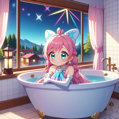 (masterpiece, best quality, detailed:1.5), violet theme, 1girl,  <lora:girllikebathroomwindow:0.8> bathroom window, from side, bathtub filled with water, towel wrap body, curtain, white tile wall BREAK (cure prism:1.3) <lora:locon_cure_prism_02:1.0>, pink hair, long hair, side braid, white ascot, white boots, elbow gloves, hair ribbon, earrings, layered skirt, heart ahoge, sleeveless