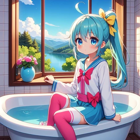 (masterpiece, best quality, detailed:1.5), skyblue theme, 1girl, <lora:girllikebathroomwindow:0.8> bathroom window, from side, bathtub filled with water, towel wrap body, curtain, white tile wall BREAK (soraharewataru:1.3) <lora:SoraHarewataru_v01:0.7>, ahoge, blue_eyes, blue_hair, blue_shirt, blue_skirt, blue_thighhighs, blunt_bangs, collarbone, hair_bow, yellow_bow, long_sleeves, medium_hair, side_ponytail, small_breasts, sneakers_, striped_shirt, zettai_ryouiki