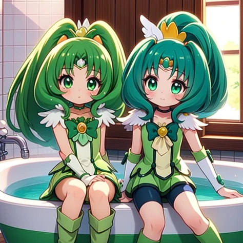 (masterpiece, best quality, detailed:1.5), green theme, 1girl, <lora:girllikebathroomwindow:0.8> bathroom window, from side, bathtub filled with water, towel wrap body, curtain, white tile wall BREAK (cure march:1.3) <lora:locon_cure_march_1:1.0>, bowtie, high ponytail, arm warmers, feather hair ornament, green boots, shorts under skirt, green shorts