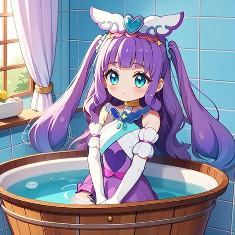 (masterpiece, best quality, detailed:1.5), lightblue theme, 1girl, <lora:girllikebathroomwindow:0.8> bathroom window, from side, bathtub filled with water, towel wrap body, curtain, white tile wall BREAK (cure majesty:1.3) <lora:locon_cure_majesty_01:1.0>, purple hair, two side up, hair ornament, elbow gloves, frilled thighhighs