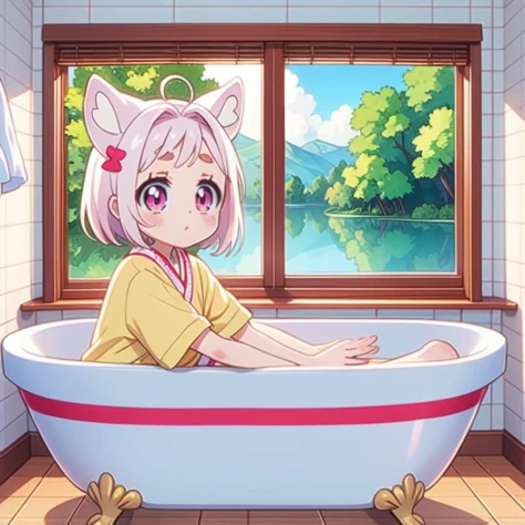 (masterpiece, best quality, detailed:1.5), yellow theme, 1girl, <lora:girllikebathroomwindow:0.8> bathroom window, from side, bathtub filled with water, towel wrap body, curtain, white tile wall BREAK (Kome-Kome:1.3) <lora:Kome-Kome:1>, fox girl