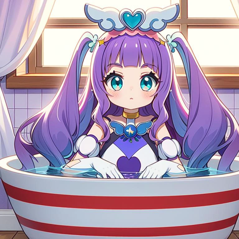(masterpiece, best quality, detailed:1.5), violet theme, 1girl, <lora:girllikebathroomwindow:0.8> bathroom window, from side, bathtub filled with water, towel wrap body, curtain, white tile wall BREAK (cure majesty:1.3) <lora:locon_cure_majesty_01:1.0>, purple hair, two side up, hair ornament, elbow gloves, frilled thighhighs