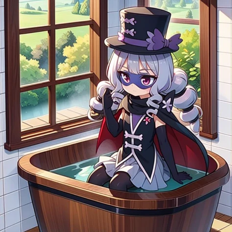 (masterpiece, best quality, detailed:1.5), blue theme, 1girl, <lora:girllikebathroomwindow:0.8> bathroom window, from side, bathtub filled with water, towel wrap body, curtain, white tile wall BREAK (gentlu:1.3) <lora:locon_gentlu_01:1>, drill hair, cape, long sleeves, mask, domino mask, top hat, grey skirt, thigh boots, black pantyhose