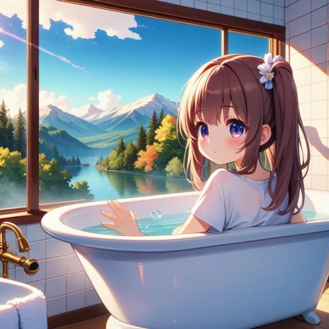 (masterpiece, best quality, detailed:1.5), carmine theme, 1girl, <lora:girllikebathroomwindow:0.8> bathroom window, from side, bathtub filled with water, towel wrap body, curtain, white tile wall BREAK (kasumi nakasu:1.3) <lora:kasumi-lovelive:1>