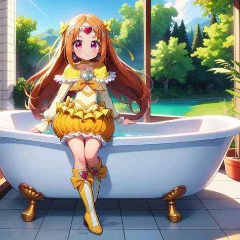 (masterpiece, best quality, detailed:1.5), orange theme, 1girl,  <lora:girllikebathroomwindow:0.8> bathroom window, from side, bathtub filled with water, towel wrap body, curtain, white tile wall BREAK (cure muse:1.3) <lora:locon_cure_muse_01_release:1.0>, orange hair, hair ribbon, yellow choker, jewelry, brooch, capelet, tiara, boots