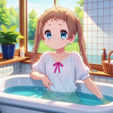 (masterpiece, best quality, detailed:1.5), magenta theme, 1girl, <lora:girllikebathroomwindow:0.8> bathroom window, from side, bathtub filled with water, towel wrap body, curtain, white tile wall BREAK (sanae dekomori:1.3) <lora:dekomori:1>