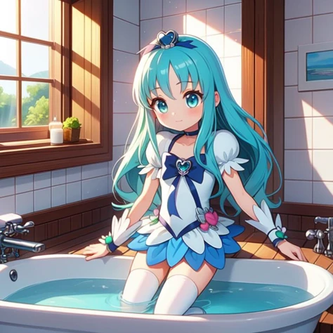 (masterpiece, best quality, detailed:1.5), scarlet theme, 1girl, <lora:girllikebathroomwindow:0.8> bathroom window, from side, bathtub filled with water, towel wrap body, curtain, white tile wall BREAK (cure marine:1.3) <lora:locon_cure_marine_2:1.0>, wavy hair, aqua hair, white thighhighs, wrist cuffs, hair ribbon, white shoes