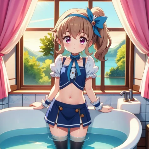 (masterpiece, best quality, detailed:1.5), pink theme, 1girl,  <lora:girllikebathroomwindow:0.8> bathroom window, from side, bathtub filled with water, towel wrap body, curtain, white tile wall BREAK (cure berry:1.3) <lora:lora_cure_berry_2:1>, precure, wrist cuffs, blue skirt, side ponytail, blue boots, gem, hairband, navy thighhighs, blue ribbon, navel