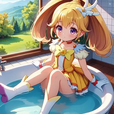 (masterpiece, best quality, detailed:1.5), lavender theme, 1girl, <lora:girllikebathroomwindow:0.8> bathroom window, from side, bathtub filled with water, towel wrap body, curtain, white tile wall BREAK (cure macherie:1.3) <lora:locon_cure_macherie_01:1.0>, twintails, pom pom earrings, pink ribbon, white gloves, frilled thighhighs, red boots, puffy sleeves, layered dress, porch, wrist bow, jewelry