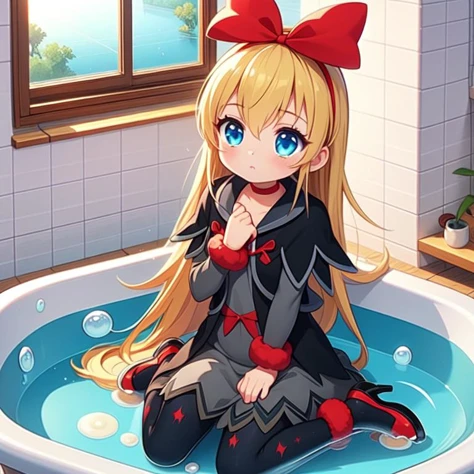 (masterpiece, best quality, detailed:1.5), skyblue theme, 1girl, <lora:girllikebathroomwindow:0.8> bathroom window, from side, bathtub filled with water, towel wrap body, curtain, white tile wall BREAK (regina:1.3) <lora:locon_regina_01:1>, (red ribbon, hair ribbon, blue eyes), blonde hair, long hair, grey skirt, pantyhose, animal print, vest, long sleeves, black capelet, arm warmers, choker, fur, high heels